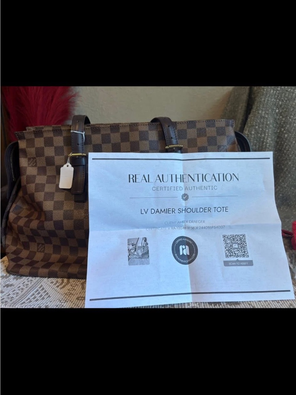 Louis Vuitton Brown Damier Ebene Tote with Dark Leather Trim